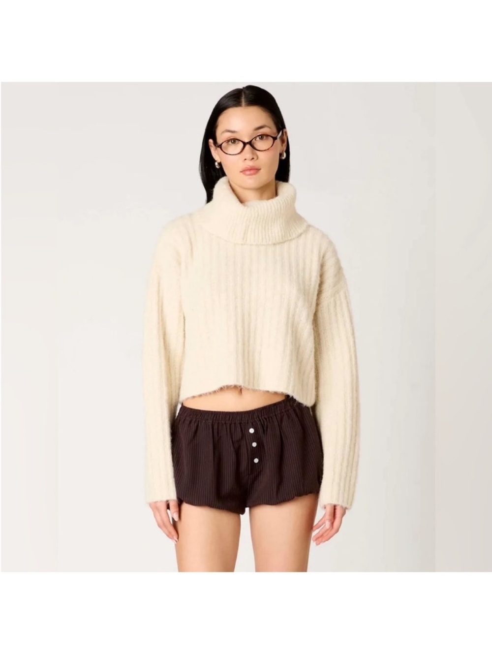 Nia Bruni Ivory Cream Knit Turtleneck Cropped Sweater Sz XS
